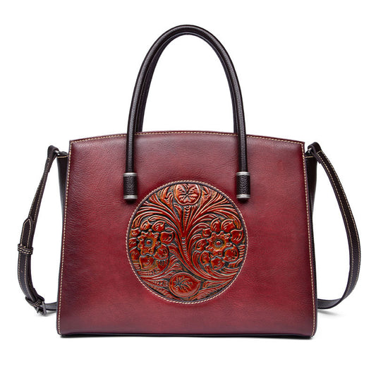 Women's First Layer Cowhide Floral Shoulder Bag – Large Genuine Leather Handbag with Laptop Pocket