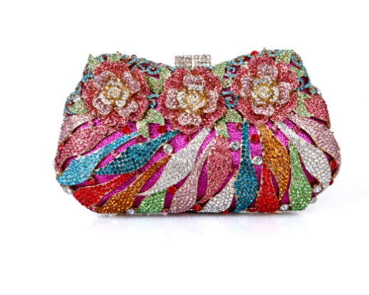 Women's Metal Rose Diamond Crystal Clutch – Hollow Rhinestone Evening Banquet Bag