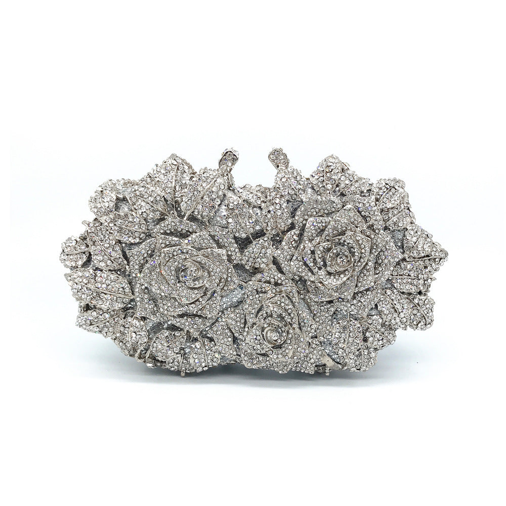 Women's Hollow Rose Diamond Dinner Bag – Crystal Floral Evening Clutch