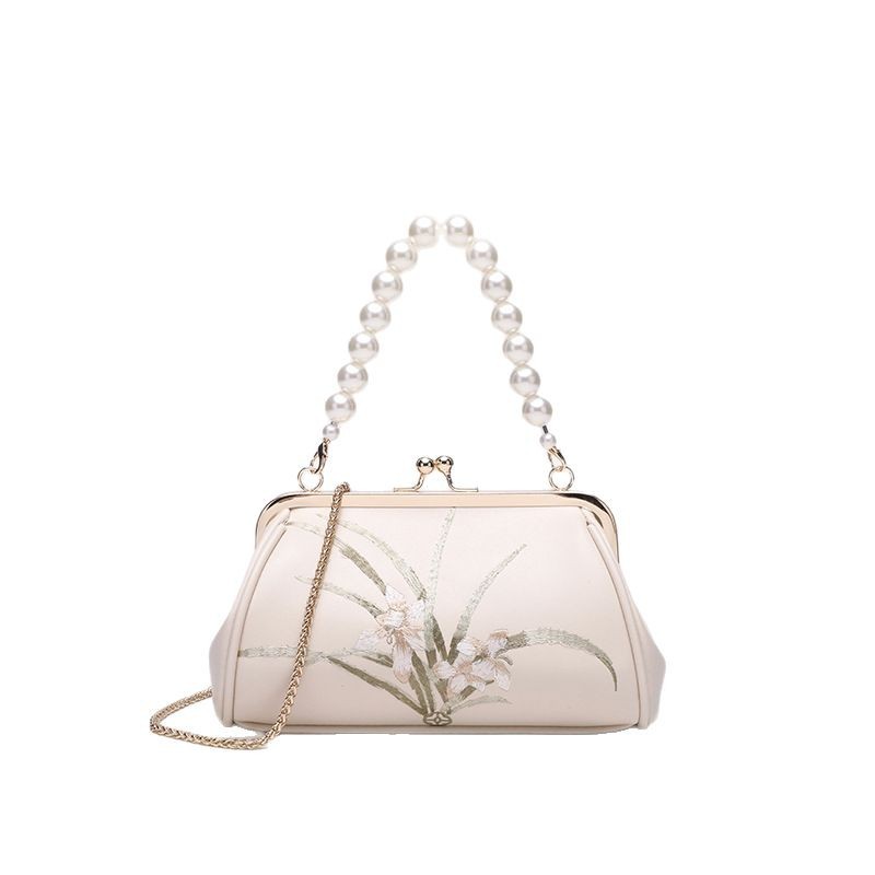 Women's Embroidered Shell Shoulder Bag – Soft PU Casual Handbag in Beige