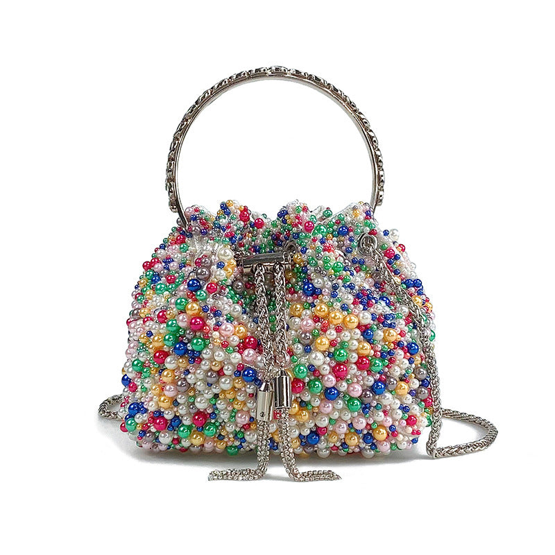 Women's Pearl Bucket Bag – Acrylic Beaded Crossbody with Chain Strap