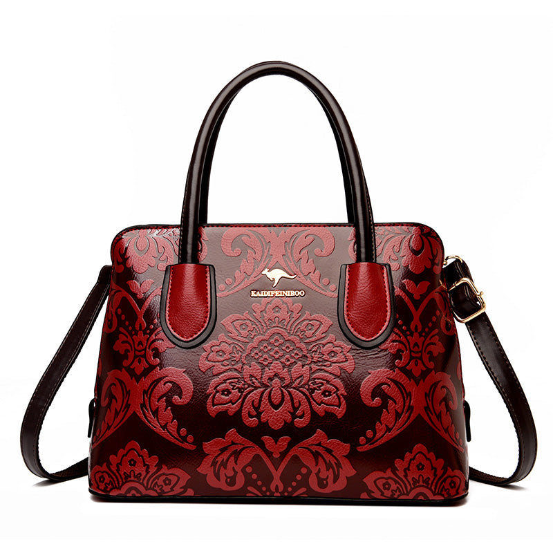 Women's Cowhide Ethnic Floral Embossed Shoulder Bag – Large Genuine Leather Crossbody with Card Bag