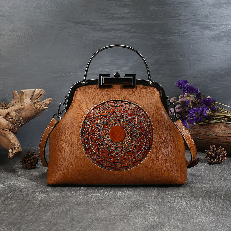 Women's Vintage Totem Embossed Leather Dumpling Bag – Lock Closure Genuine Leather Handbag