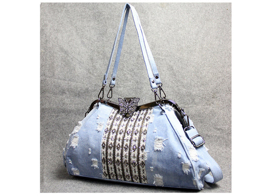 Women's Denim Butterfly Diamond Crossbody Bag – Light Blue Canvas Shoulder Bag