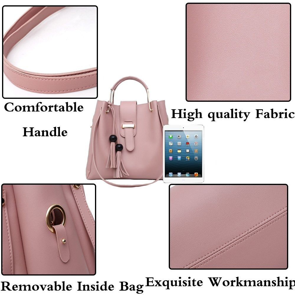 Women's 3-Piece Tassel Handbag Set – Tote, Crossbody & Clutch in Synthetic Leather