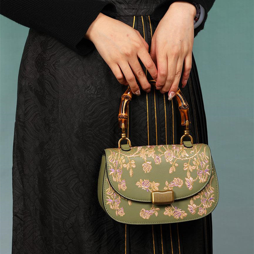 Women's Cowhide Leather Embroidered Bamboo Handbag – Artisan Boho Shoulder Bag
