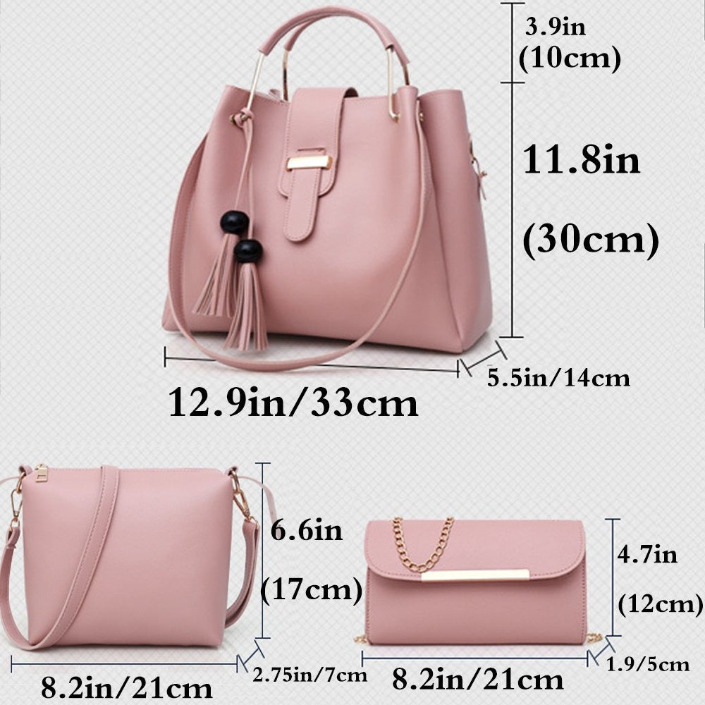 Women's 3-Piece Tassel Handbag Set – Tote, Crossbody & Clutch in Synthetic Leather
