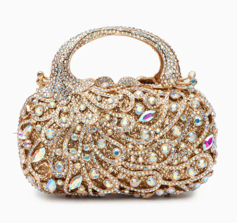 Women's Diamond Rhinestone Evening Clutch – Hard Metal Bag with Wrist Strap