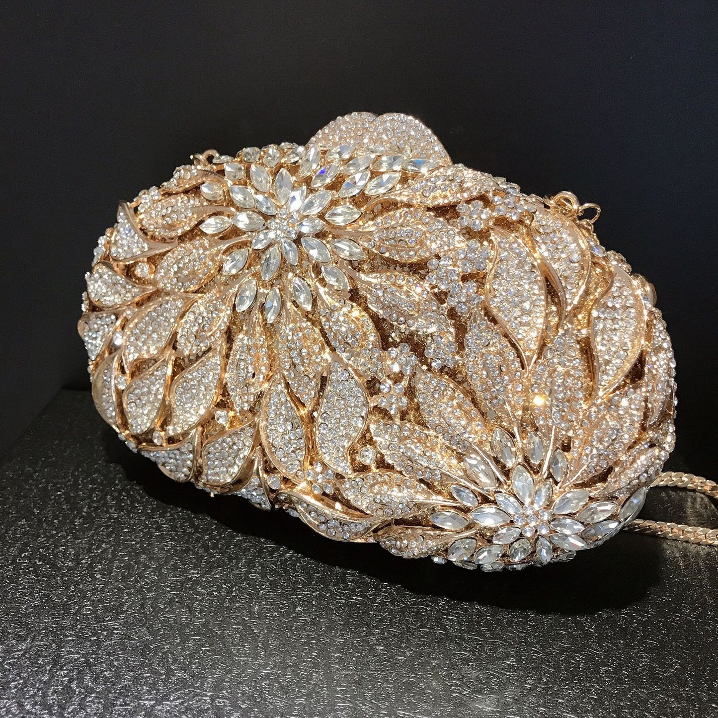 Women's Leaf & Flower Diamond Inlaid Dinner Bag – Floral Crystal Evening Clutch