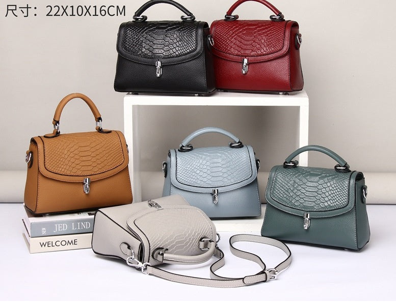 Women's First Layer Cowhide Crocodile Print Small Square Bag – Lock Closure Genuine Leather Crossbody