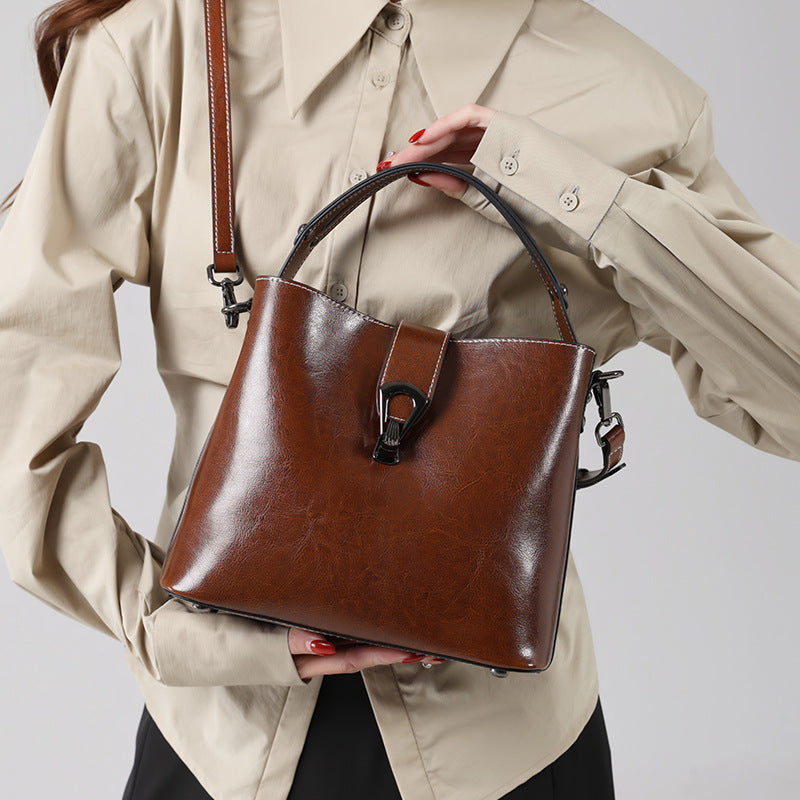Women's Genuine Leather Bucket Bag – Oil Wax Shoulder & Crossbody Bag