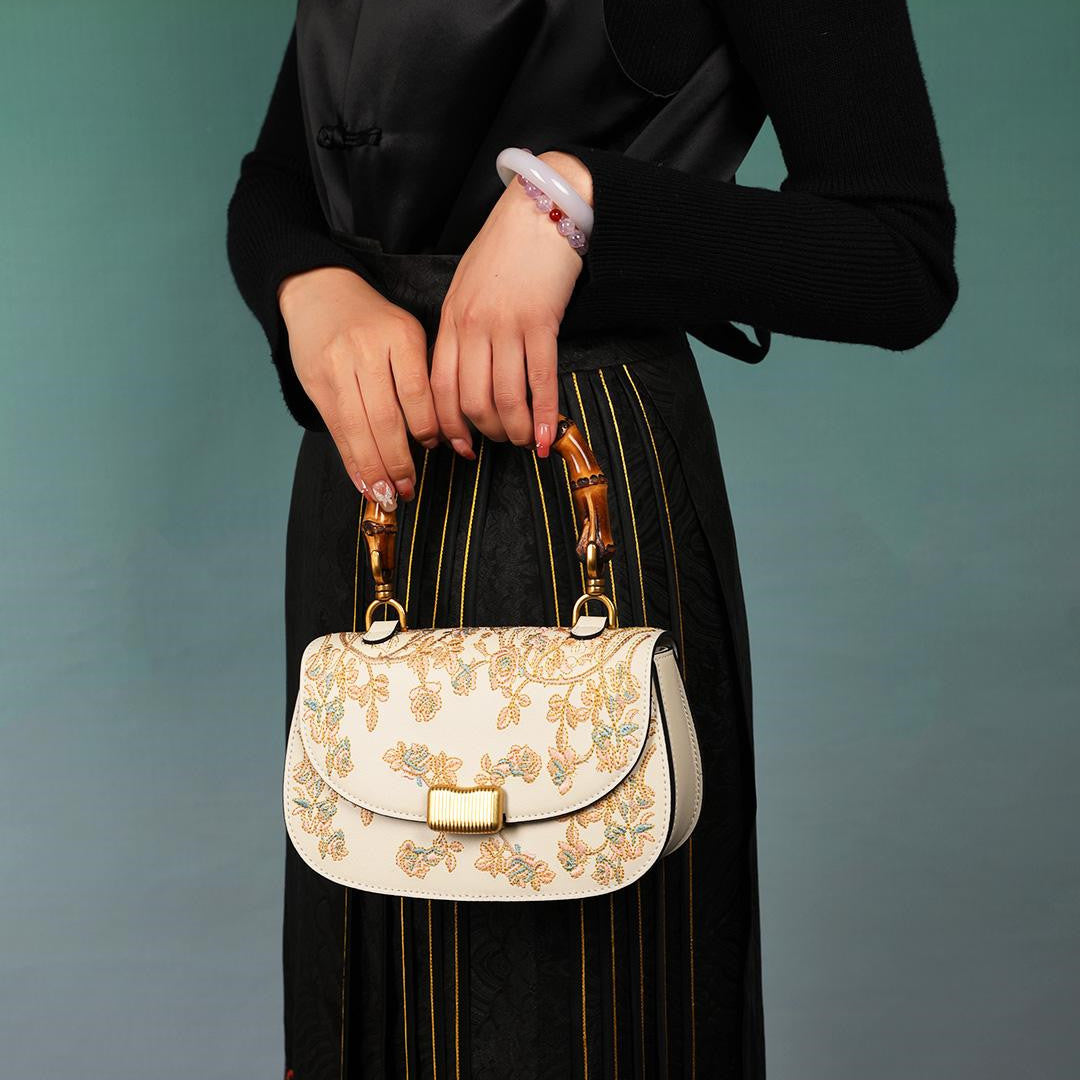 Women's Cowhide Leather Embroidered Bamboo Handbag – Artisan Boho Shoulder Bag