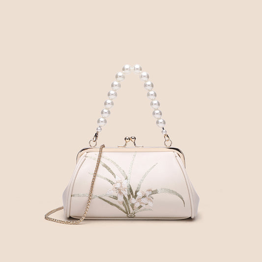 Women's Embroidered Shell Shoulder Bag – Soft PU Casual Handbag in Beige