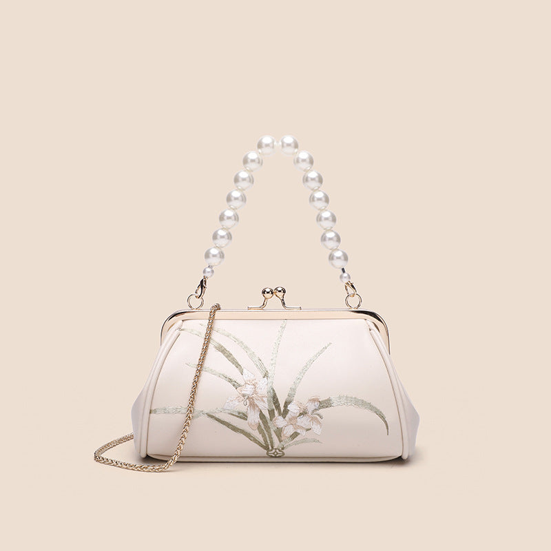 Women's Embroidered Shell Shoulder Bag – Soft PU Casual Handbag in Beige