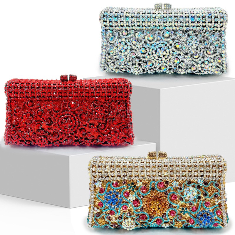 Women's Handmade Diamond Dinner Bag – Floral Clutch with Chain Strap