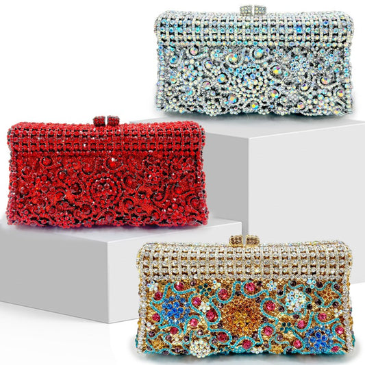 Women's Handmade Diamond Dinner Bag – Floral Clutch with Chain Strap