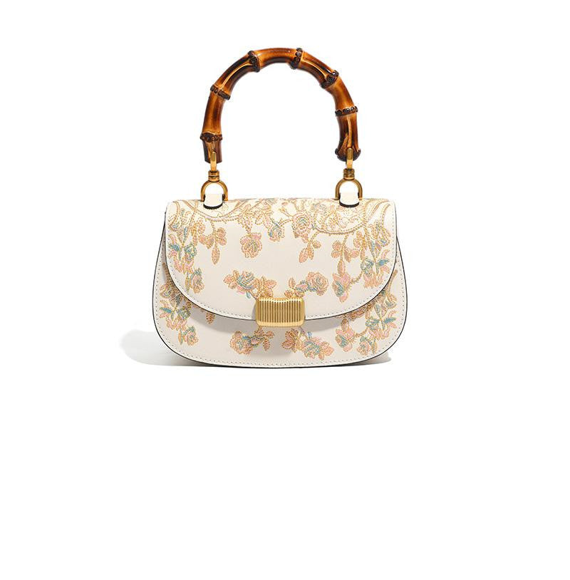 Women's Cowhide Leather Embroidered Bamboo Handbag – Artisan Boho Shoulder Bag