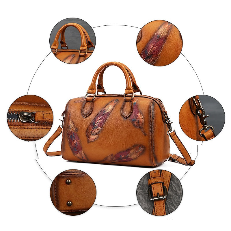 Women's Feather Embossed Leather Casual Bag – Textured Everyday Shoulder Bag