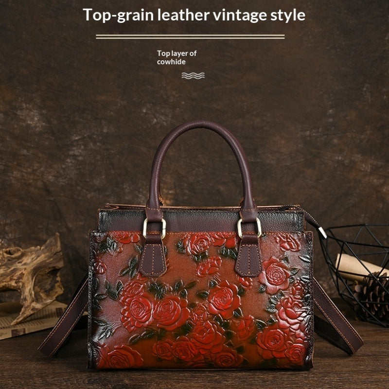Women's Top-Grain Cowhide Shoulder Bag – Versatile Embossed Pattern Handbag