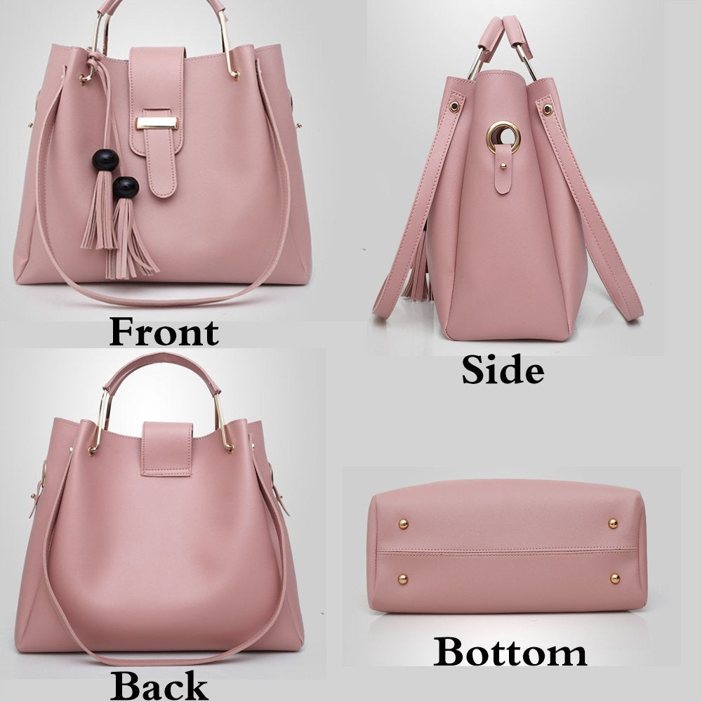 Women's 3-Piece Tassel Handbag Set – Tote, Crossbody & Clutch in Synthetic Leather
