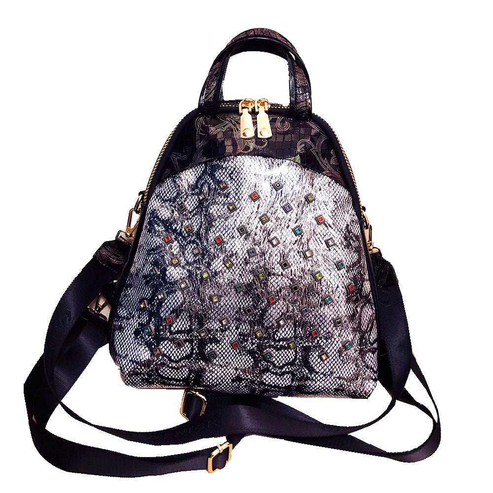 Women's Top Layer Cowhide Shell Backpack – Rhinestone Snake Pattern Genuine Leather Bag