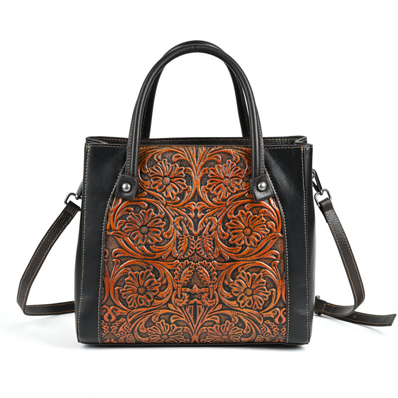 Single-Shoulder Full-Grain Leather Tote Bag – Handcrafted Carved Detail