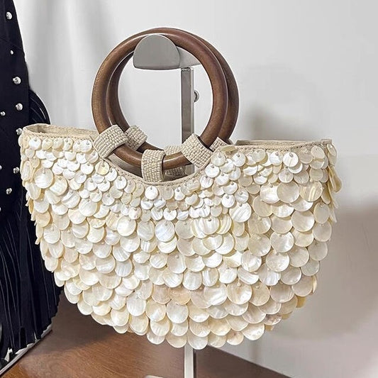 Women's Handmade Natural Shell Bag – Woven PU Square Shoulder Handbag