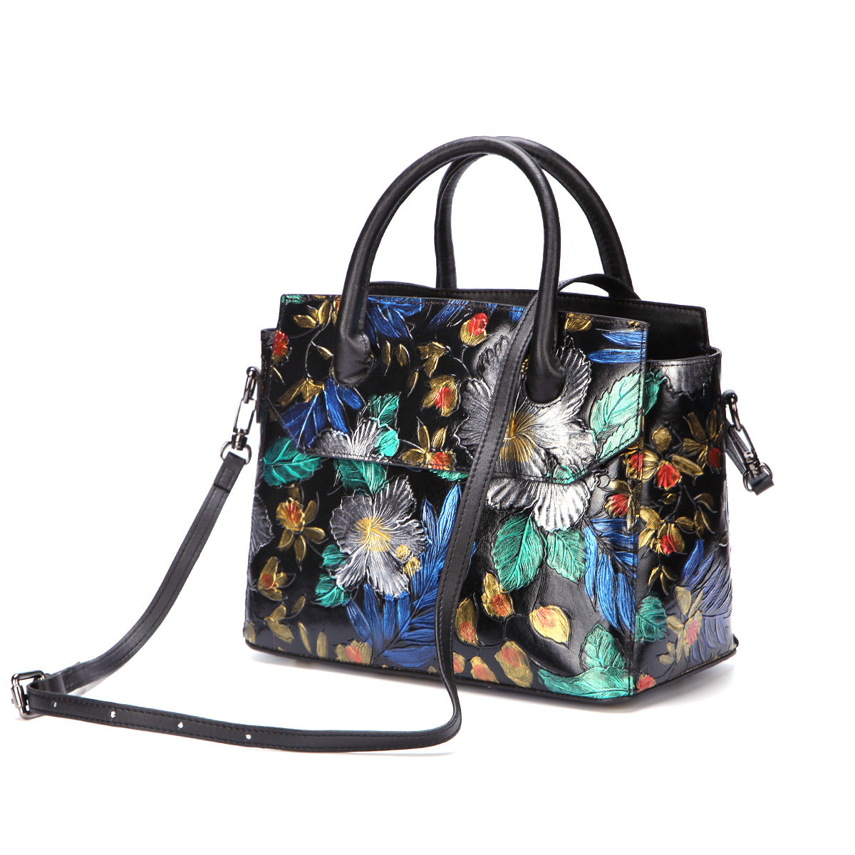 Women's Top Layer Cowhide Hand-painted Retro Handbag – Floral Genuine Leather Shoulder Bag