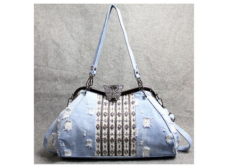 Women's Denim Butterfly Diamond Crossbody Bag – Light Blue Canvas Shoulder Bag