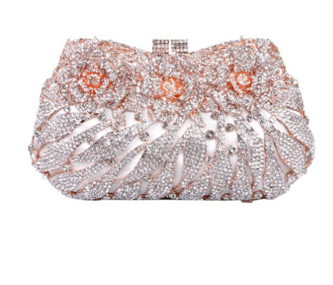 Women's Metal Rose Diamond Crystal Clutch – Hollow Rhinestone Evening Banquet Bag