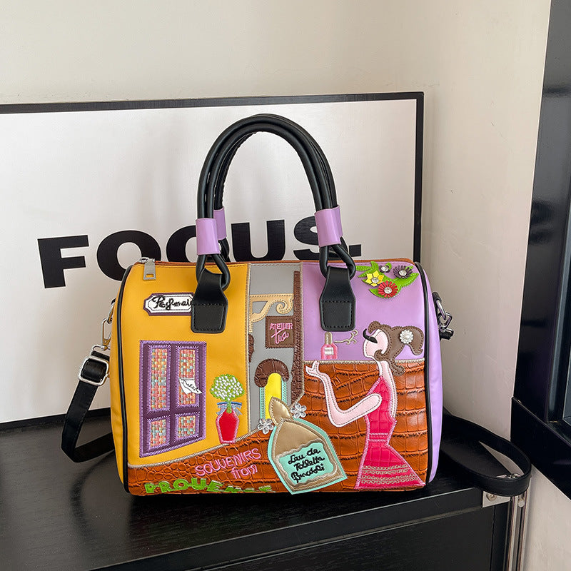 Women's Premium Boston Bag – High-Capacity Embroidered Patchwork Handbag