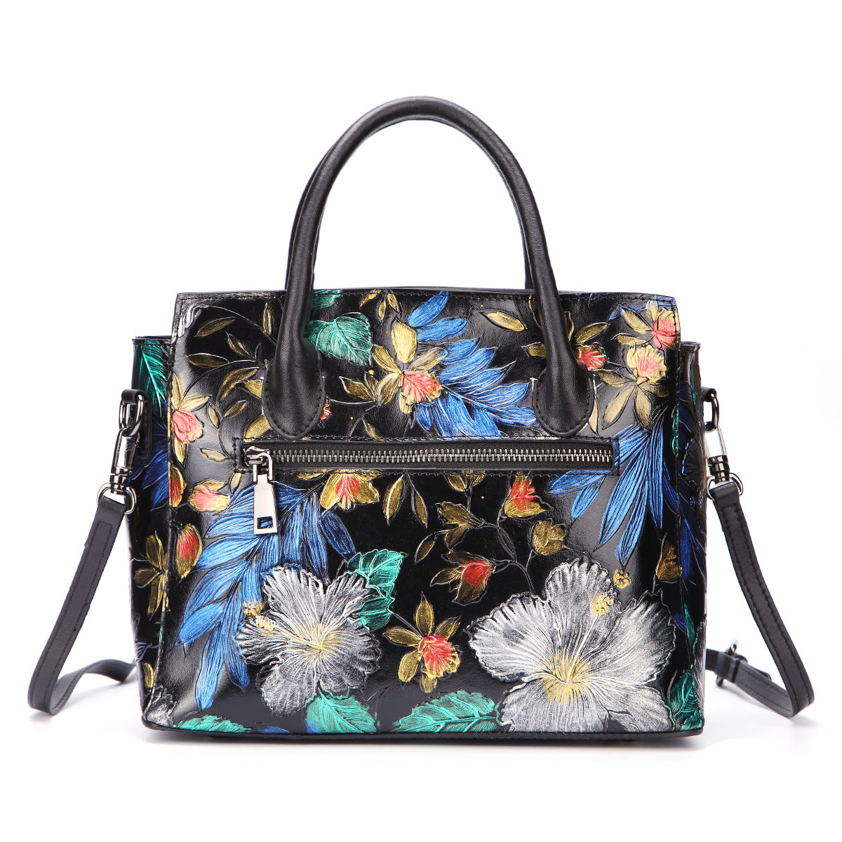 Women's Top Layer Cowhide Hand-painted Retro Handbag – Floral Genuine Leather Shoulder Bag