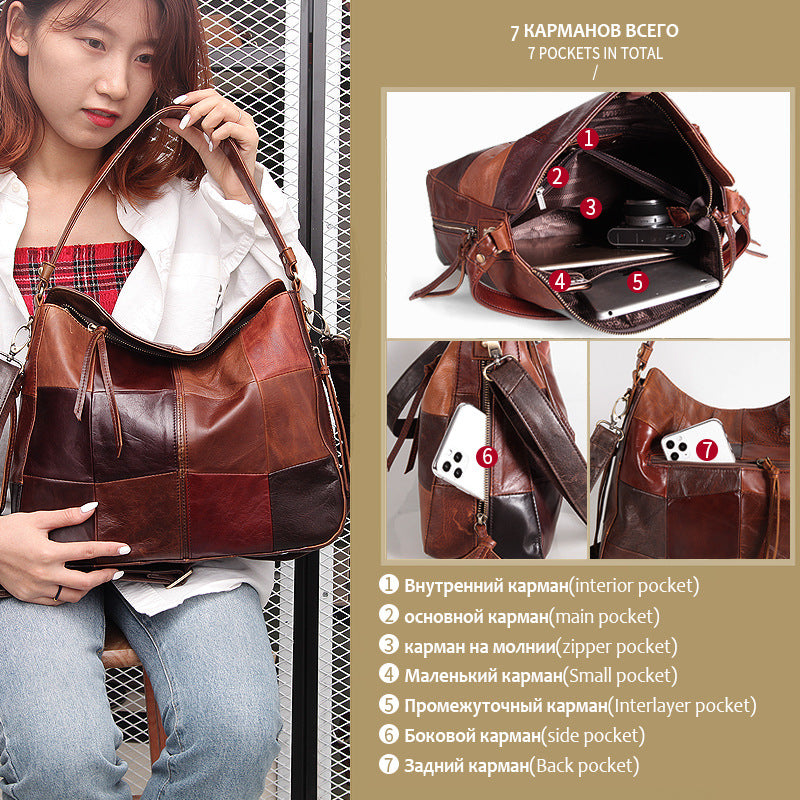 Women's First Layer Cowhide Colour Stitching Bucket Bag – Lacquered Genuine Leather Shoulder Bag