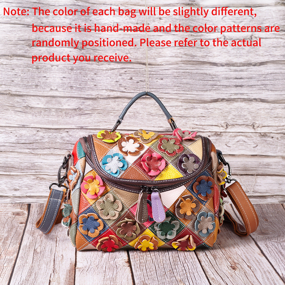 Women's Full-Grain Leather Floral Patchwork Tote Bag – Contrast Colour Quilted Shoulder Bag