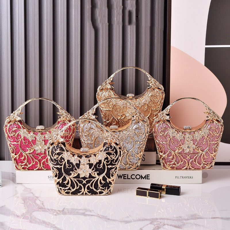 Women's Hollow Out Floral Banquet Bag – Shiny PU Bucket Clutch