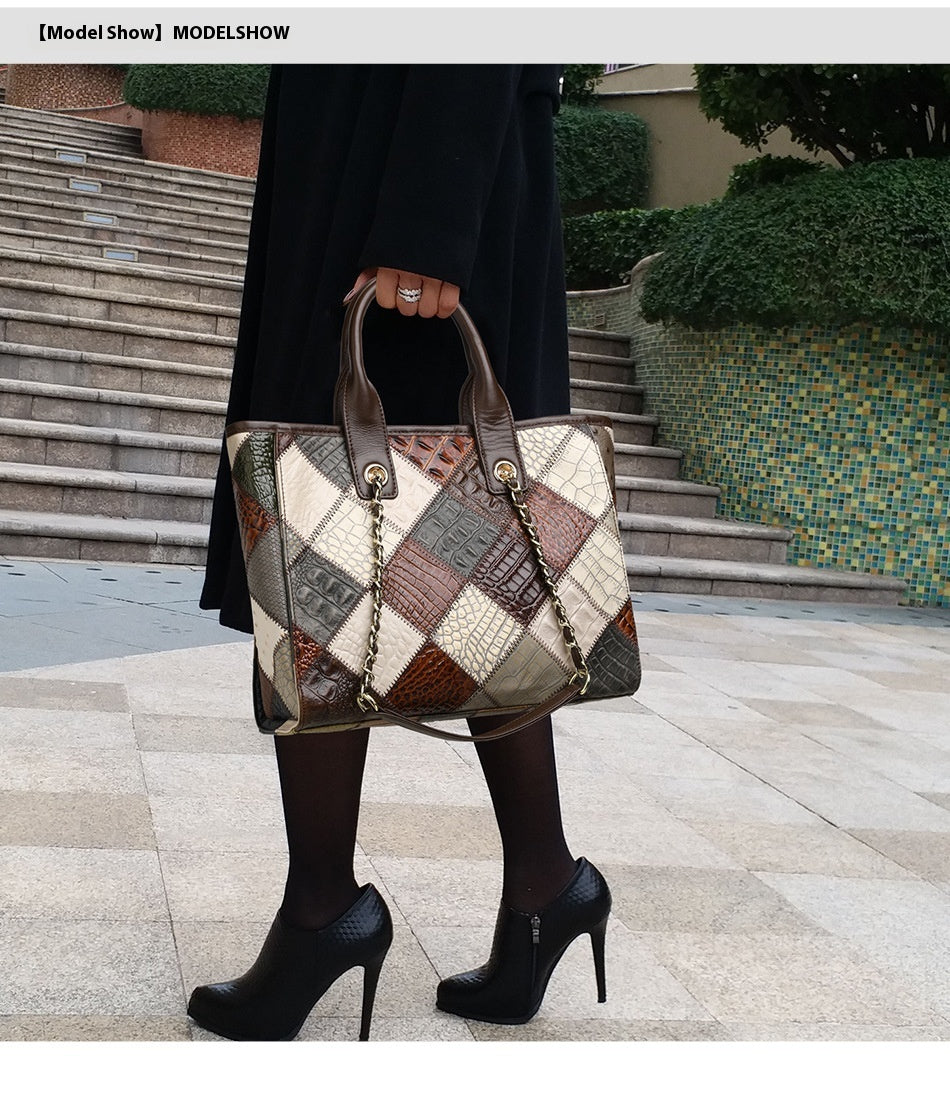 Women's Genuine Leather Contrast Colour Plaid Bag – Light Luxury Trendy Handbag