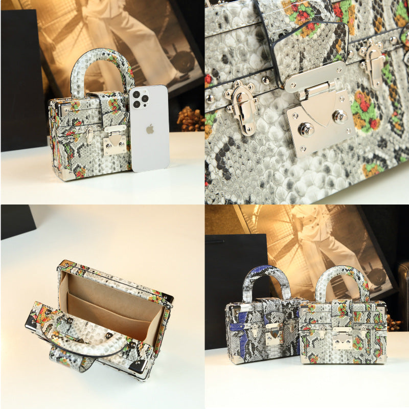 Snakeskin Leather Box Bag – Women's Structured Handheld Fashion Bag