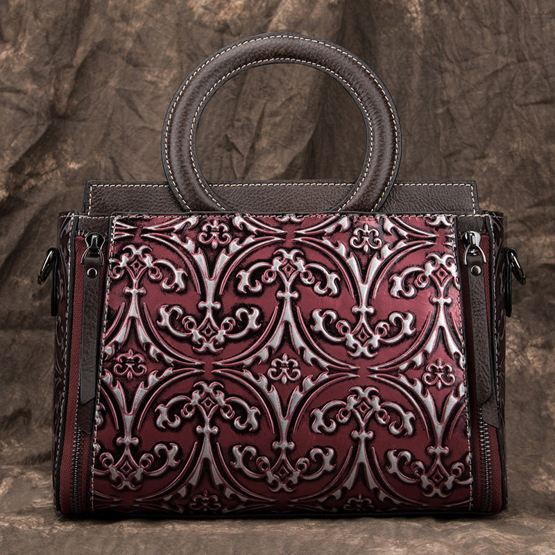 Women's Retro First-Layer Cowhide Embossed Shoulder & Crossbody Bag – Genuine Leather Handbag