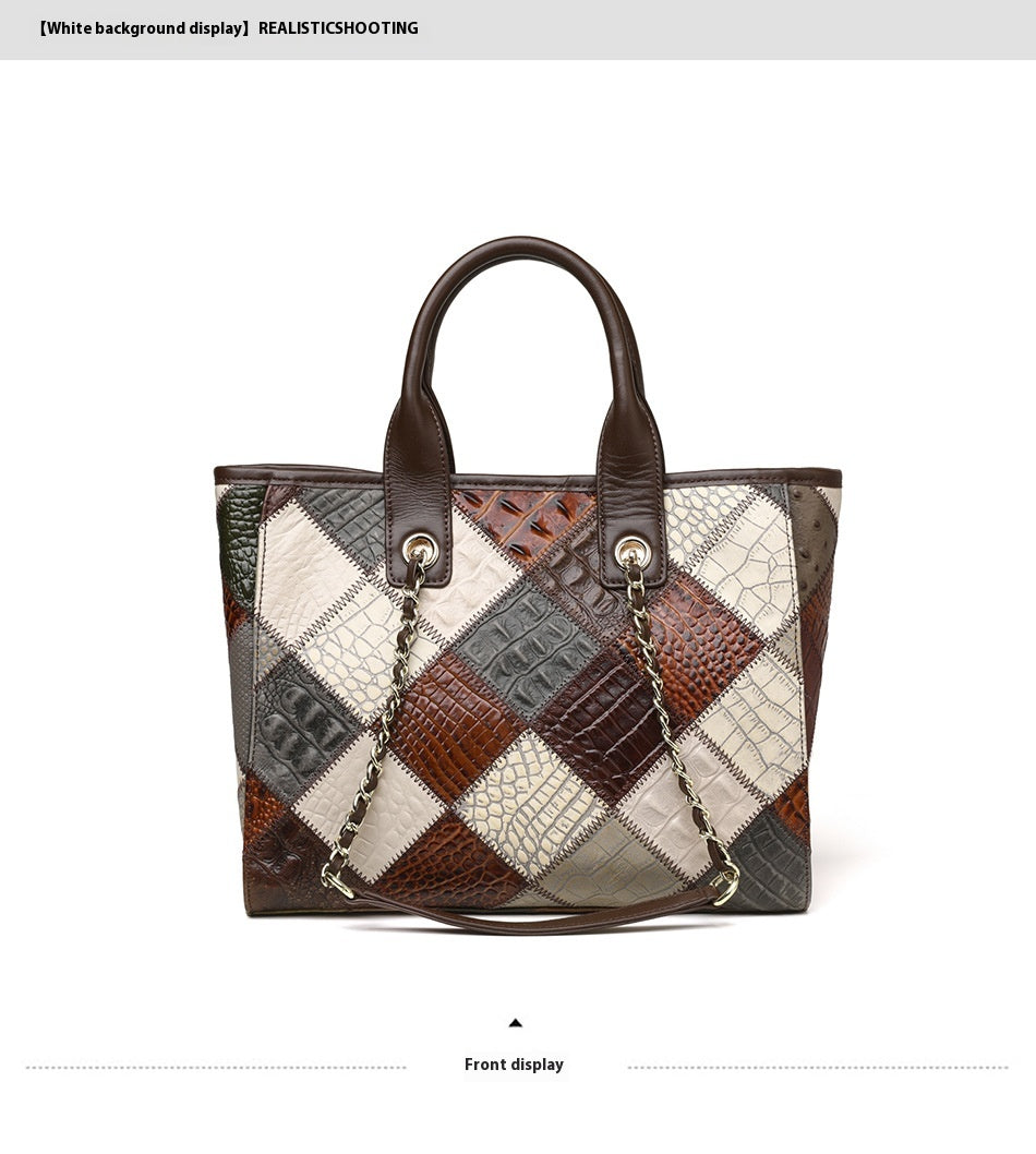 Women's Genuine Leather Contrast Colour Plaid Bag – Light Luxury Trendy Handbag