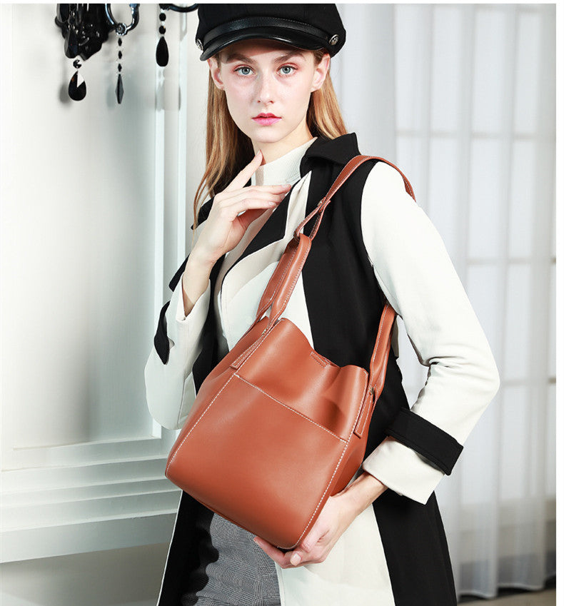 Women's Two-Layer Cowhide Bucket Bag – Soft Leather Mother & Child Shoulder Bag