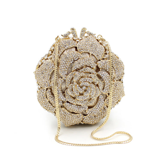 Women's Rose Rhinestone Hollow Clutch Bag – Gold Metal Evening Bag
