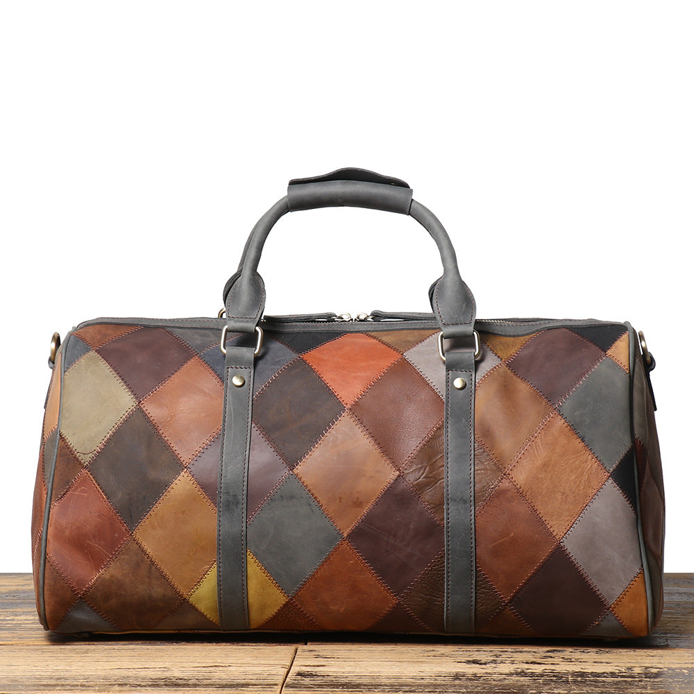 Vintage Genuine Leather Travel Bag – First Layer Cowhide Rhombus Holdall for Men & Women