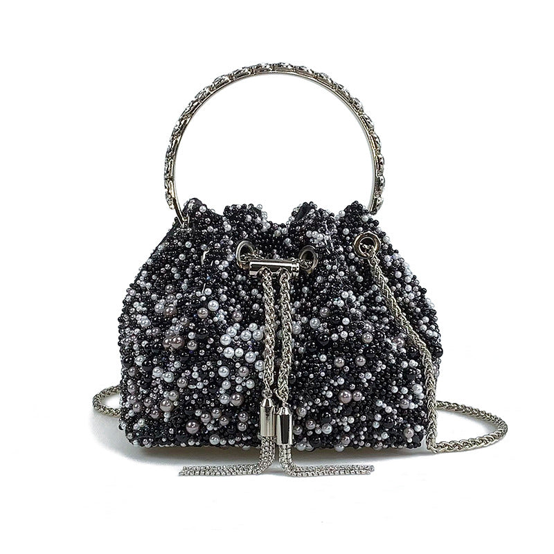 Women's Pearl Bucket Bag – Acrylic Beaded Crossbody with Chain Strap