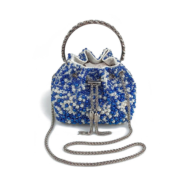 Women's Pearl Bucket Bag – Acrylic Beaded Crossbody with Chain Strap