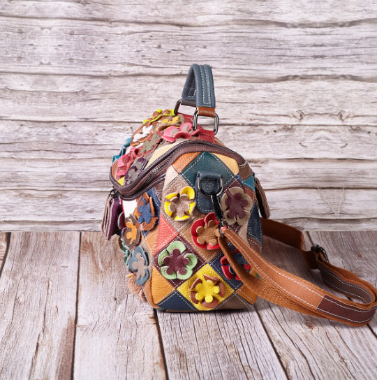 Women's Full-Grain Leather Floral Patchwork Tote Bag – Contrast Colour Quilted Shoulder Bag