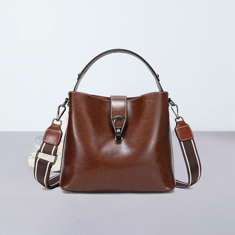Women's Genuine Leather Bucket Bag – Oil Wax Shoulder & Crossbody Bag