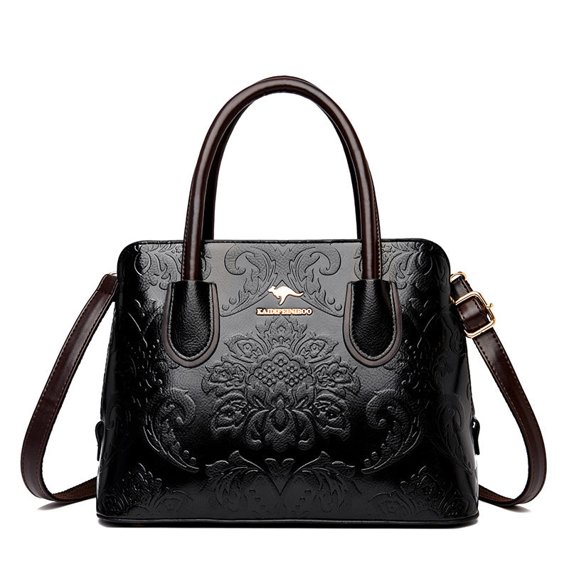 Women's Cowhide Ethnic Floral Embossed Shoulder Bag – Large Genuine Leather Crossbody with Card Bag