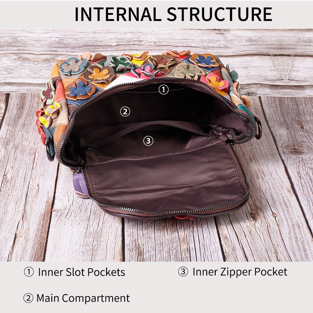 Women's Full-Grain Leather Floral Patchwork Tote Bag – Contrast Colour Quilted Shoulder Bag