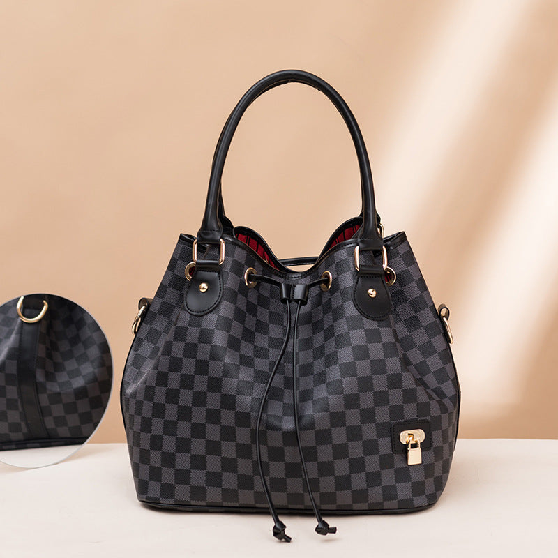 Women's Plaid PU Bucket Bag – European & American Fashion Drawstring Shoulder Bag