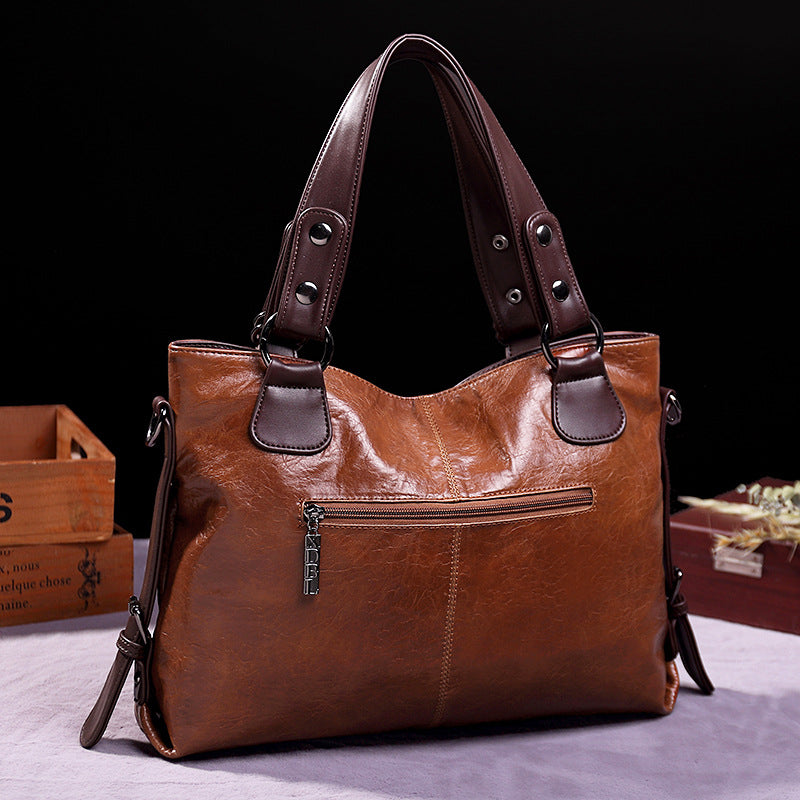 Women's Retro Soft Leather Large Capacity Tote Bag – Casual Shoulder & Crossbody Handbag